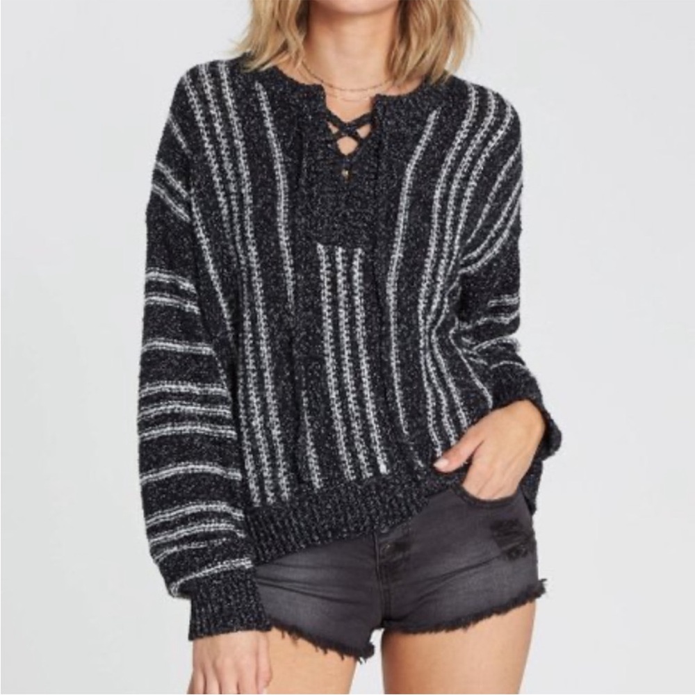Billabong yeah bouy sweater lace up striped medium black white